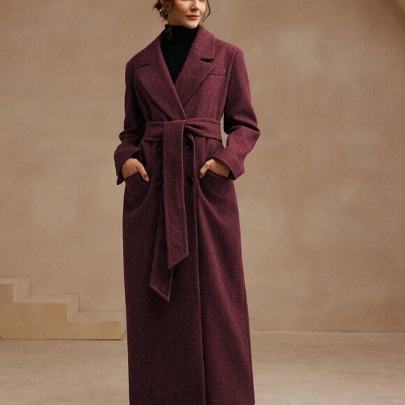 Burgundy Elegant Women's Grey Midi Length Belted Notched Collar Wool Coat - Picture 4 of 6
